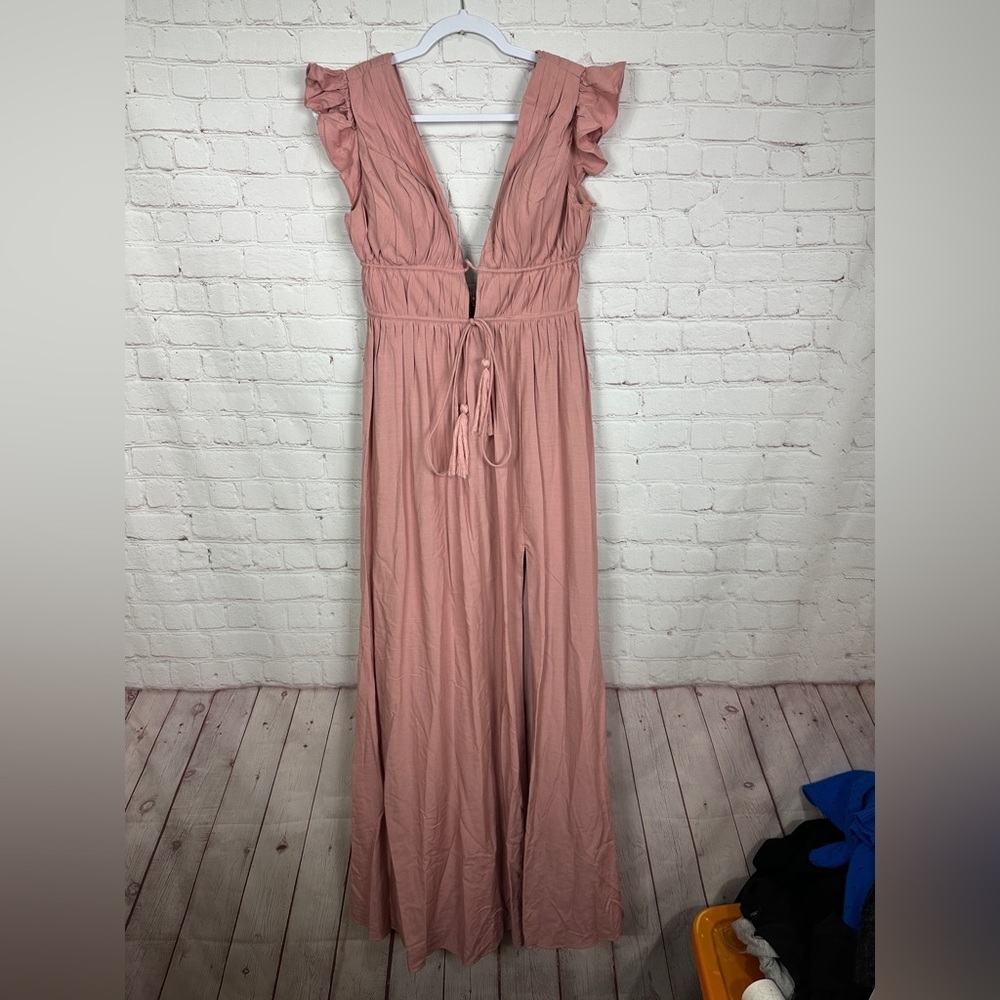 Azazie Dusty Pink Floor Length Front Slit Deep V Neck Bridesmaid Dress Sz‎ 6 GUC